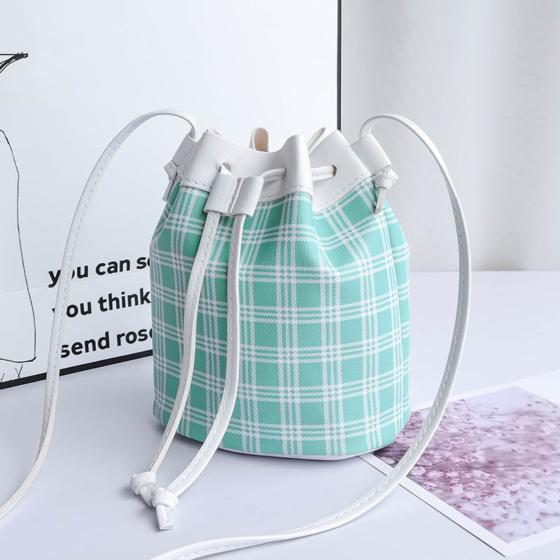 New And Sweet Beauty Style Bucket Bag Checked Neckline Drawstring Messenger Shoulder Bag