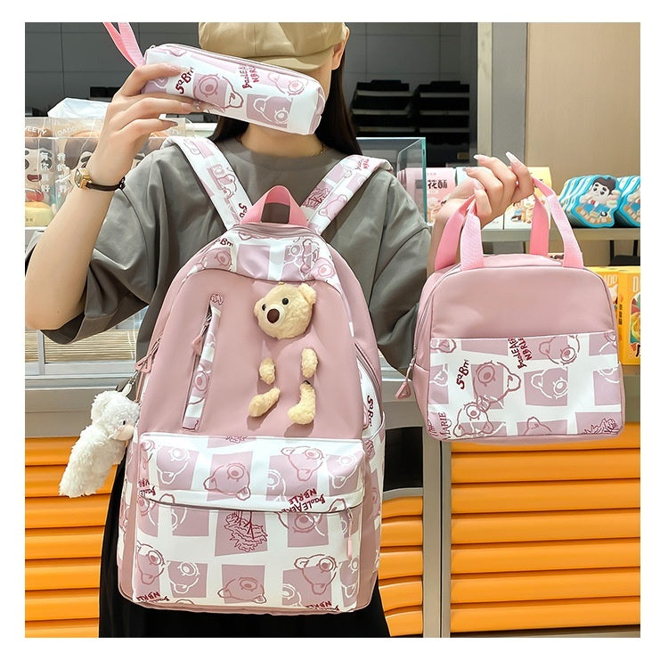 Elementary And Middle School Student Schoolbags Women's Cute Bear Lunch Box Three-piece Set