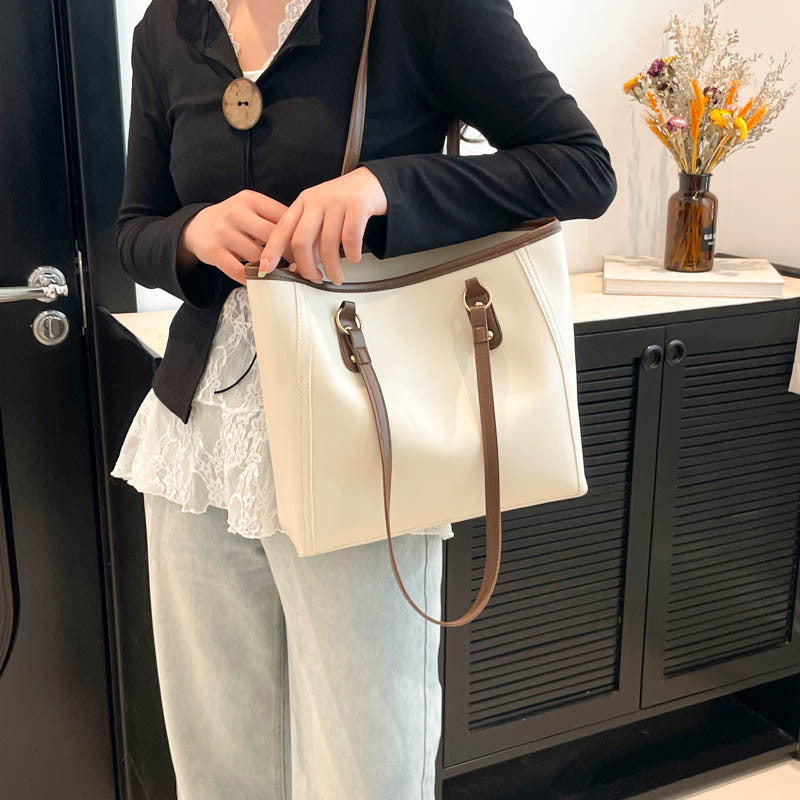 Retro Contrast Color Tote Bag – Large Capacity, Stylish for Daily Commute