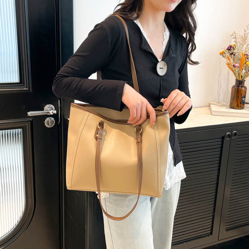 Retro Contrast Color Tote Bag – Large Capacity, Stylish for Daily Commute